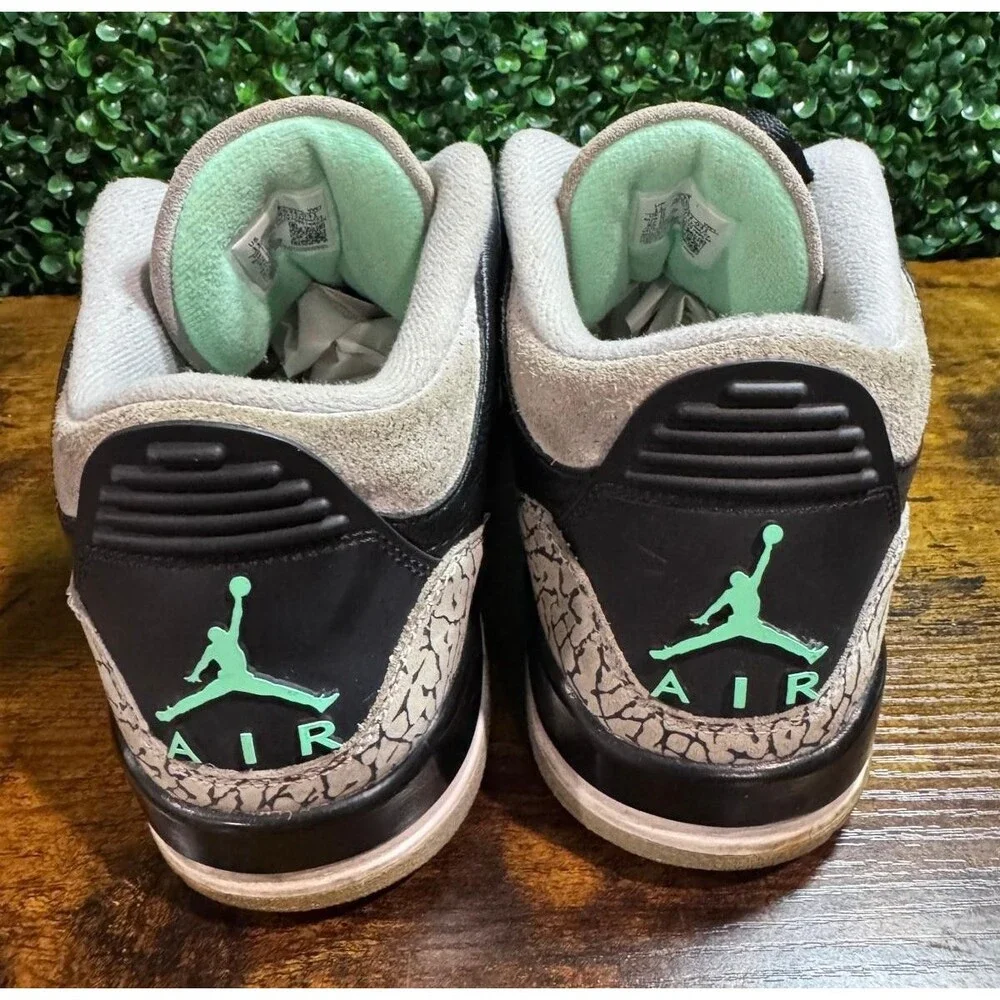 Air Jordan 3 Retro  Black/Green Glow- Wolf Grey Leather Sneakers, Sz. 11